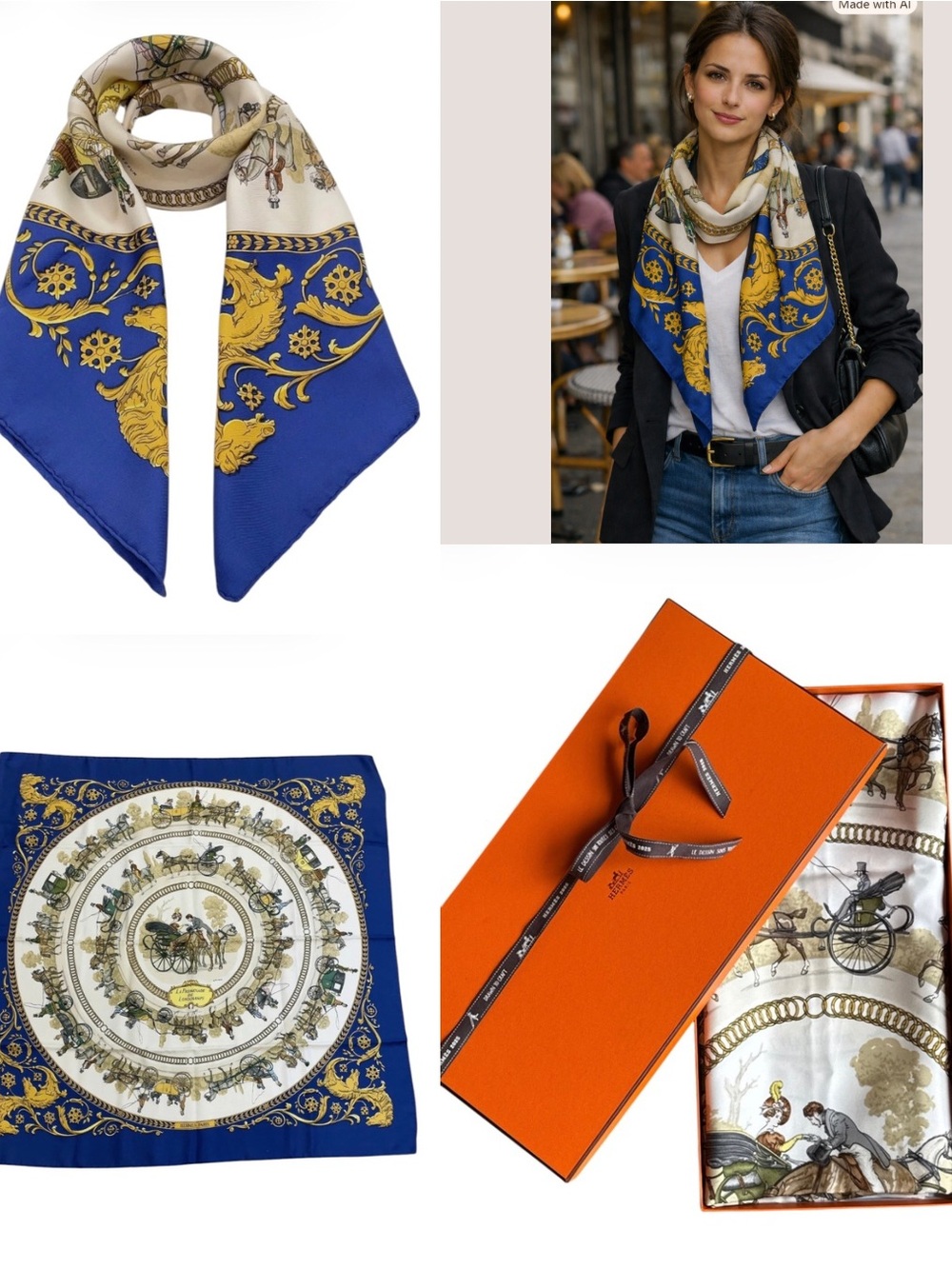 Hermès Carré 90 Silk Twill Scarf + Gift Box La Promenade de Longchamps Authentic